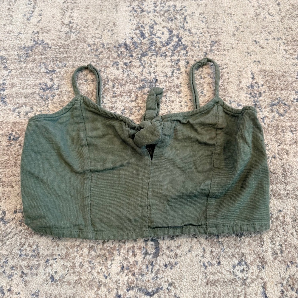 AERIE Olive Green Textured Tie‎ Front Smocked Back Crop Top Small